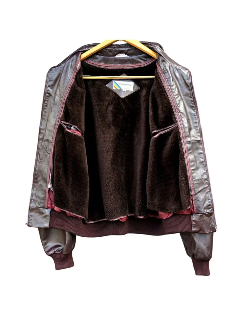 Vintage 1980s Member's Only Leather Bomber Jacket 44 Brown Korea Zip Liner - Picture 2 of 10